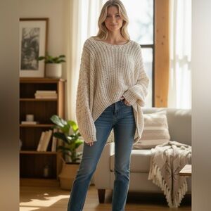 Anthropologie | POL Cream Bubble Sleeve Sweater Cropped Cream Confetti Women L